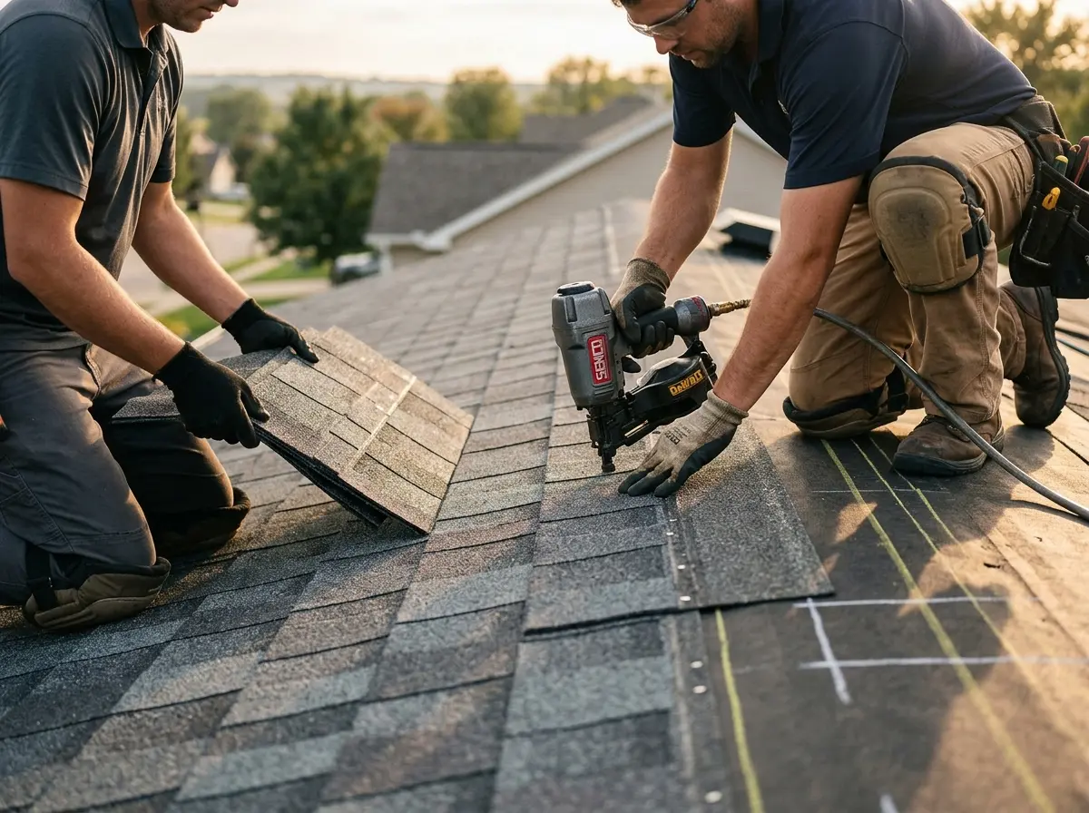 Professional roofer working on a residential roof in Antigo